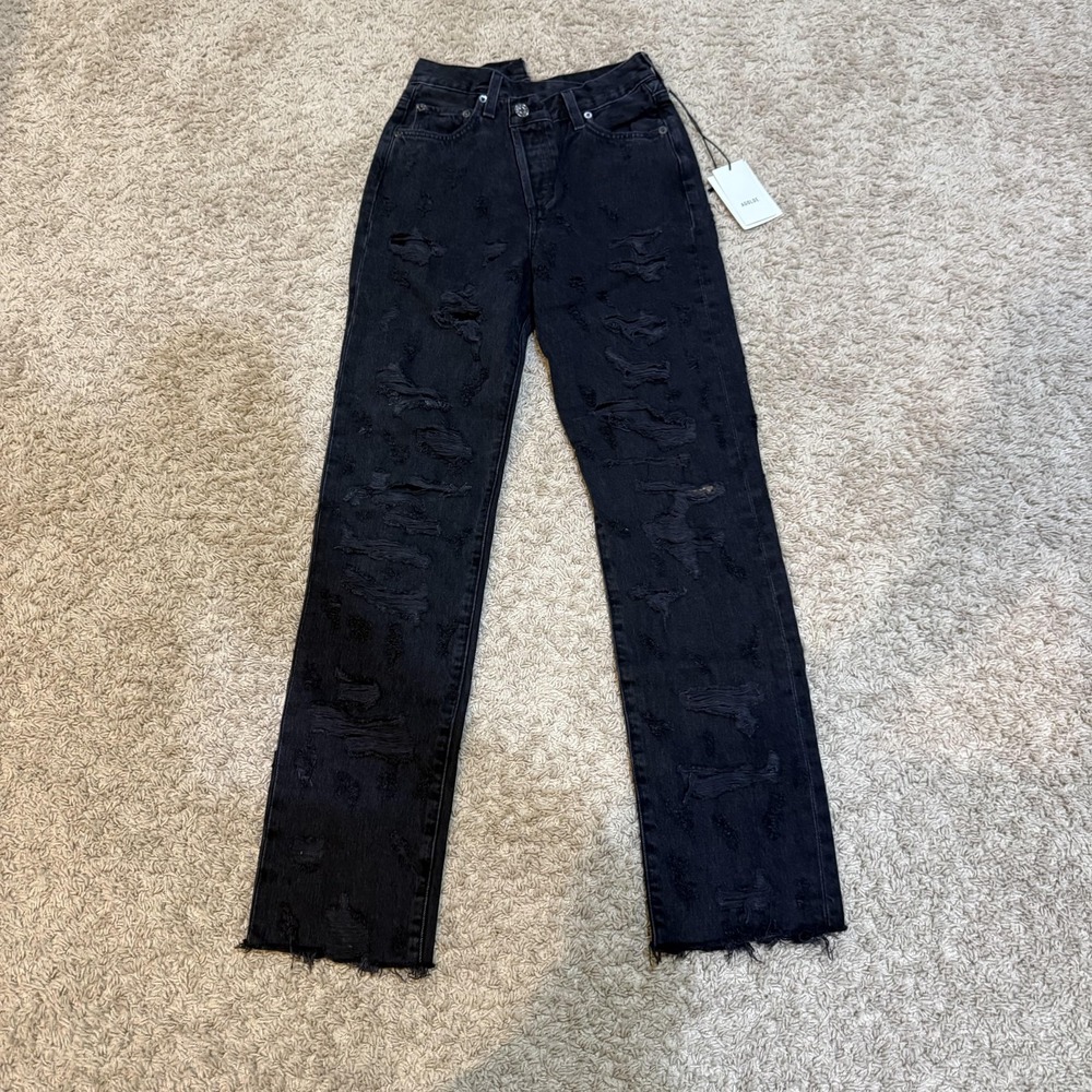 AGOLDE Jeans Womens 23 Black Criss Cross Straight High Rise Distressed Raw Hem